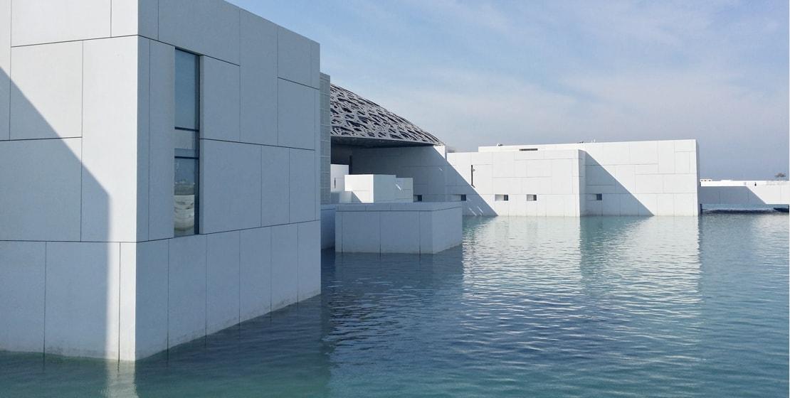 Image of a construction complex surrounded by water